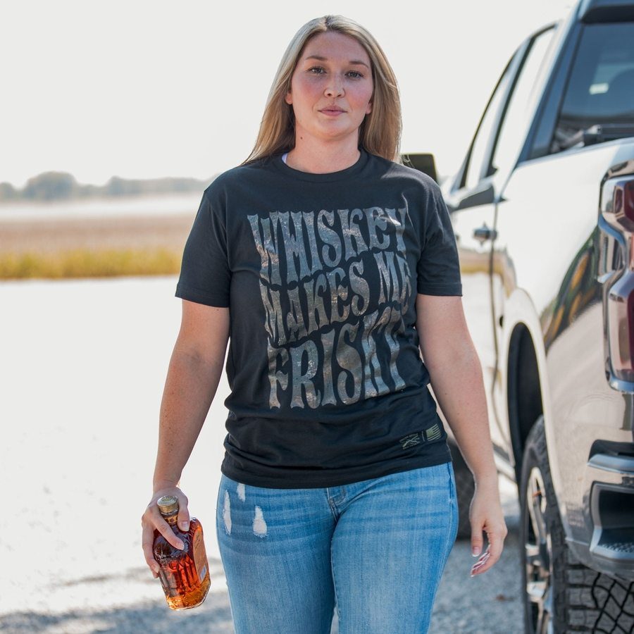 Grunt Style Women's Whiskey Makes Me Frisky Boyfriend Fit T-Shirt - Realtree Riverbend® T-Shirt